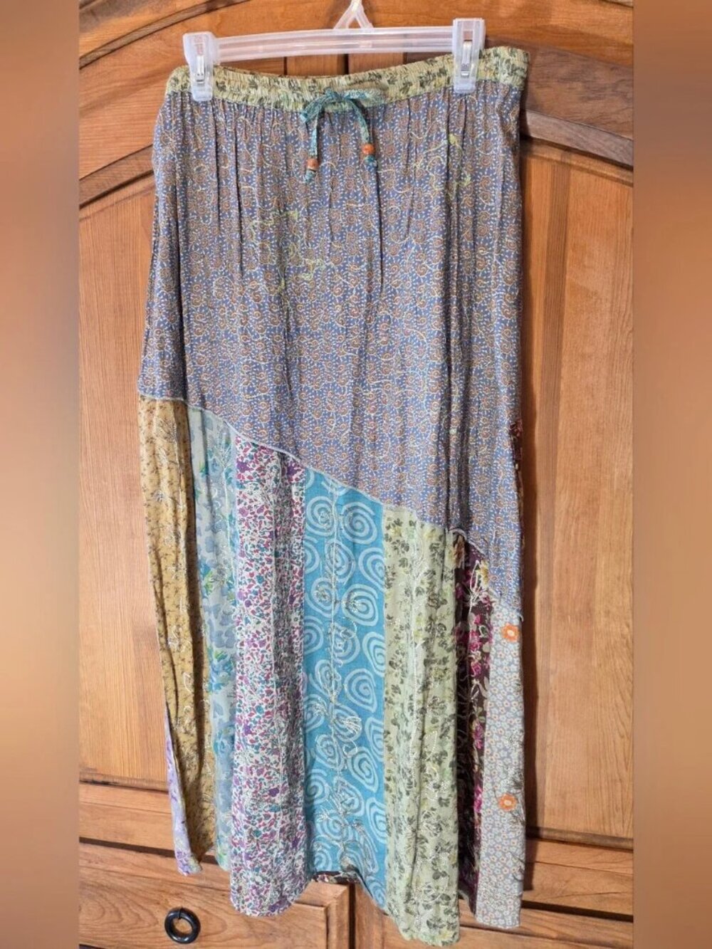 Blue Sky Patchwork Hippie Boho Festival Maxi Skirt Green Artsy Peasant Size M